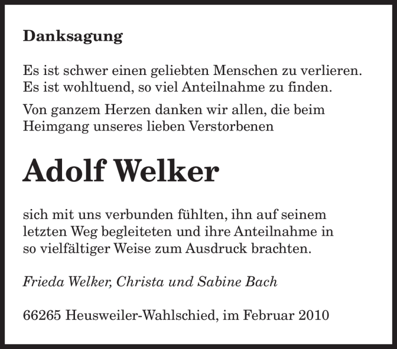  Traueranzeige für Adolf Welker vom 06.03.2010 aus SAARBRÜCKER ZEITUNG