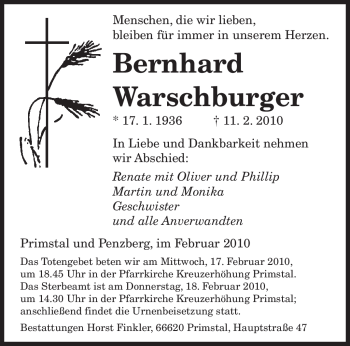 Traueranzeige von Bernhard Warschburger von SAARBRÜCKER ZEITUNG