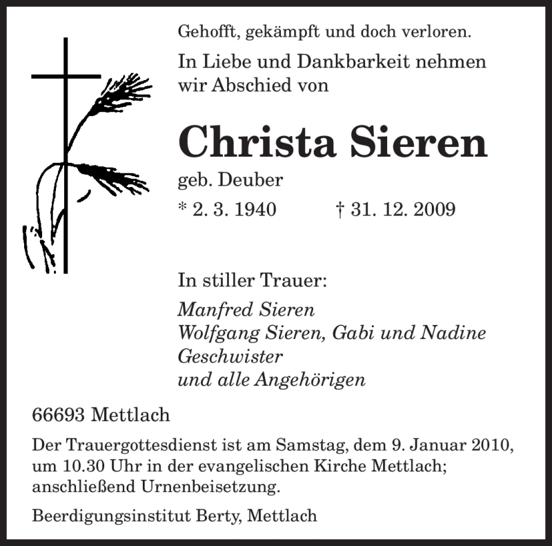 Traueranzeigen Von Christa Sieren | Saarbruecker-Zeitung.Trauer.de