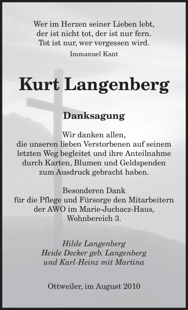  Traueranzeige für Kurt Langenberg vom 03.09.2010 aus SAARBRÜCKER ZEITUNG