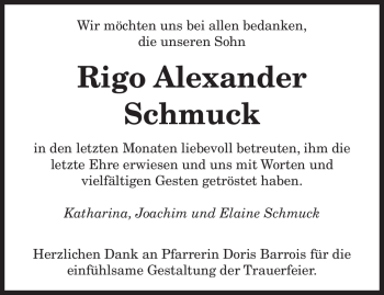 Traueranzeige von Rigo Alexander Schmuck von SAARBRÜCKER ZEITUNG