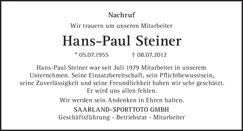  Traueranzeige für Hans-Paul Steiner vom 14.07.2012 aus SAARBRÜCKER ZEITUNG