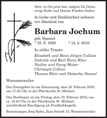 Traueranzeige von Barbara Jochum von SAARBRÜCKER ZEITUNG