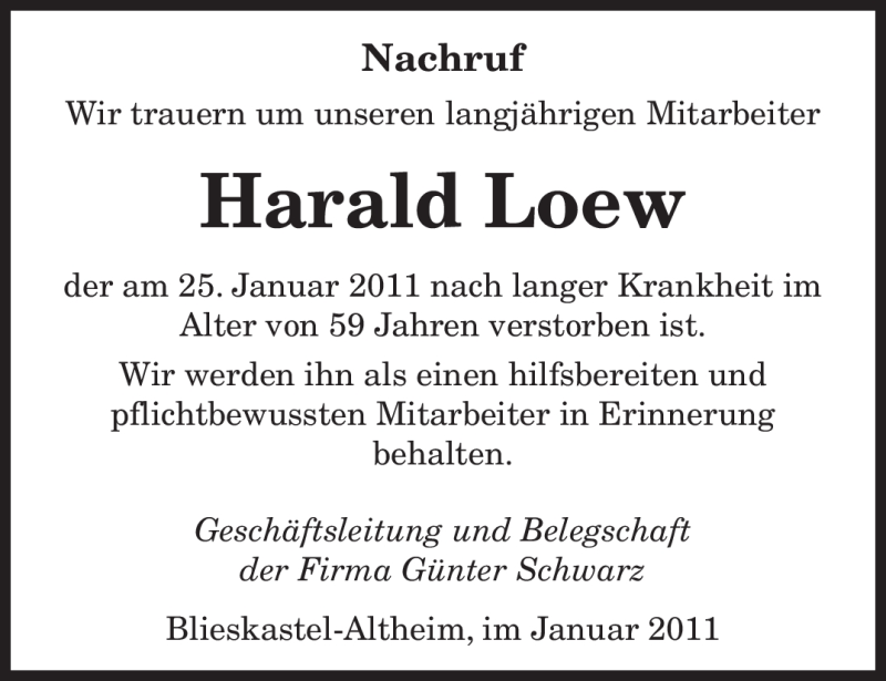 Traueranzeige für Harald Loew vom 29.01.2011 aus SAARBRÜCKER ZEITUNG