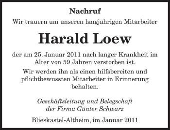 Traueranzeige von Harald Loew von SAARBRÜCKER ZEITUNG