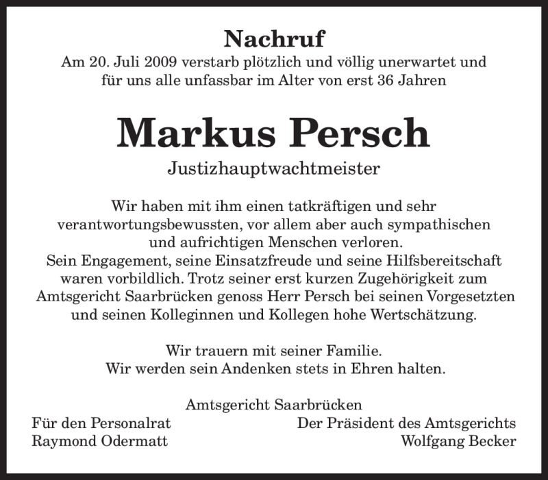  Traueranzeige für Markus Persch vom 27.07.2009 aus SAARBRÜCKER ZEITUNG