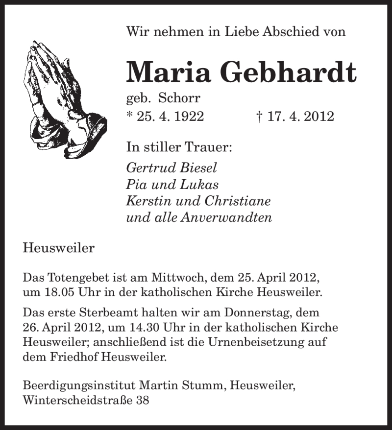  Traueranzeige für Maria Gebhardt vom 23.04.2012 aus SAARBRÜCKER ZEITUNG