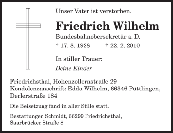 Traueranzeige von Friedrich Wilhelm von SAARBRÜCKER ZEITUNG