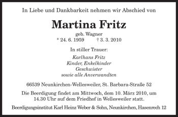 Traueranzeige von Martina Fritz von SAARBRÜCKER ZEITUNG