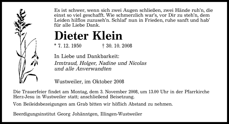  Traueranzeige für Dieter Klein vom 31.10.2008 aus SAARBRÜCKER ZEITUNG