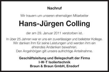 Traueranzeige von Hans-Jürgen Colling von SAARBRÜCKER ZEITUNG