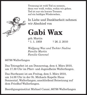 Traueranzeige von Gabi Wax von SAARBRÜCKER ZEITUNG