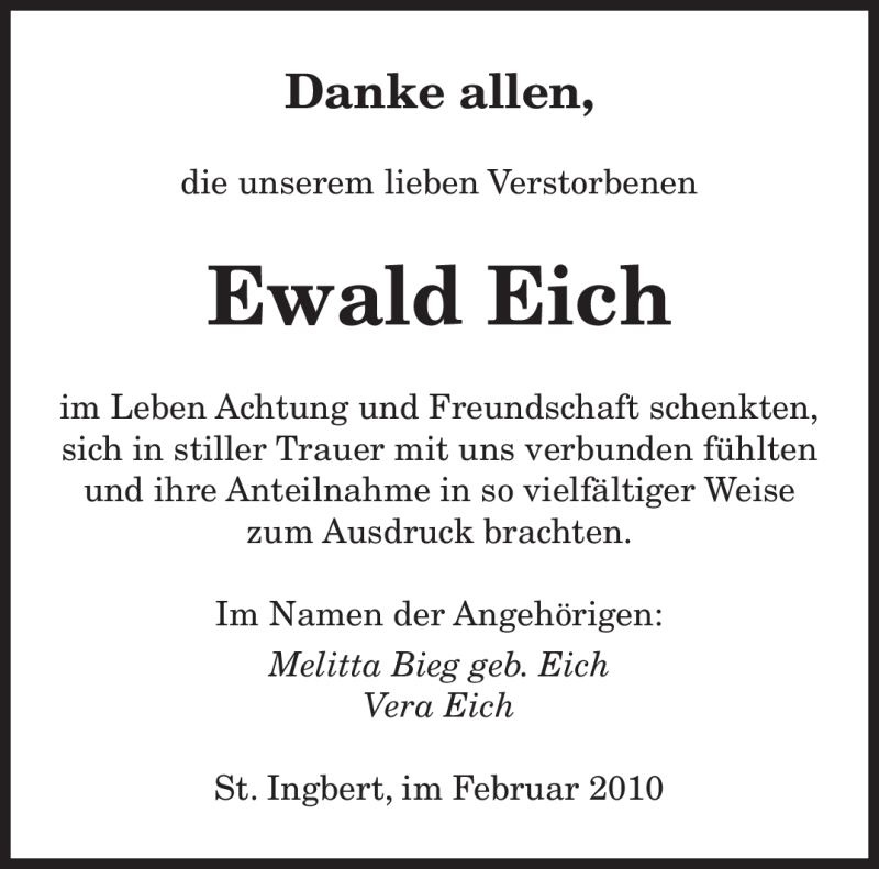  Traueranzeige für Ewald Eich vom 24.02.2010 aus SAARBRÜCKER ZEITUNG
