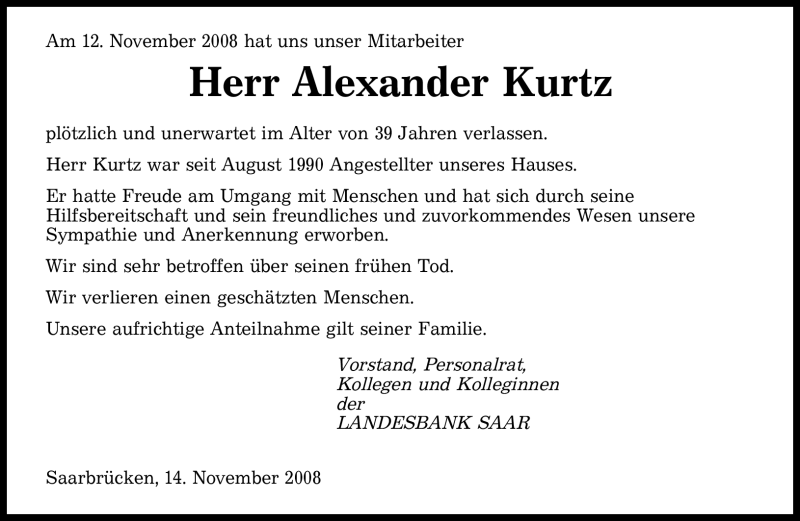  Traueranzeige für Alexander Kurtz vom 17.11.2008 aus SAARBRÜCKER ZEITUNG