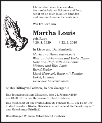 Traueranzeige von Martha Louis von SAARBRÜCKER ZEITUNG