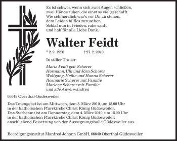 Traueranzeige von Walter Feidt von SAARBRÜCKER ZEITUNG