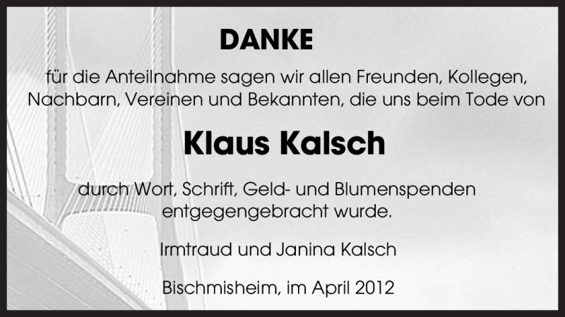  Traueranzeige für Klaus Kalsch vom 21.04.2012 aus SAARBRÜCKER ZEITUNG