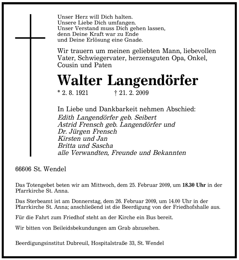  Traueranzeige für Walter Langendörfer vom 23.02.2009 aus SAARBRÜCKER ZEITUNG