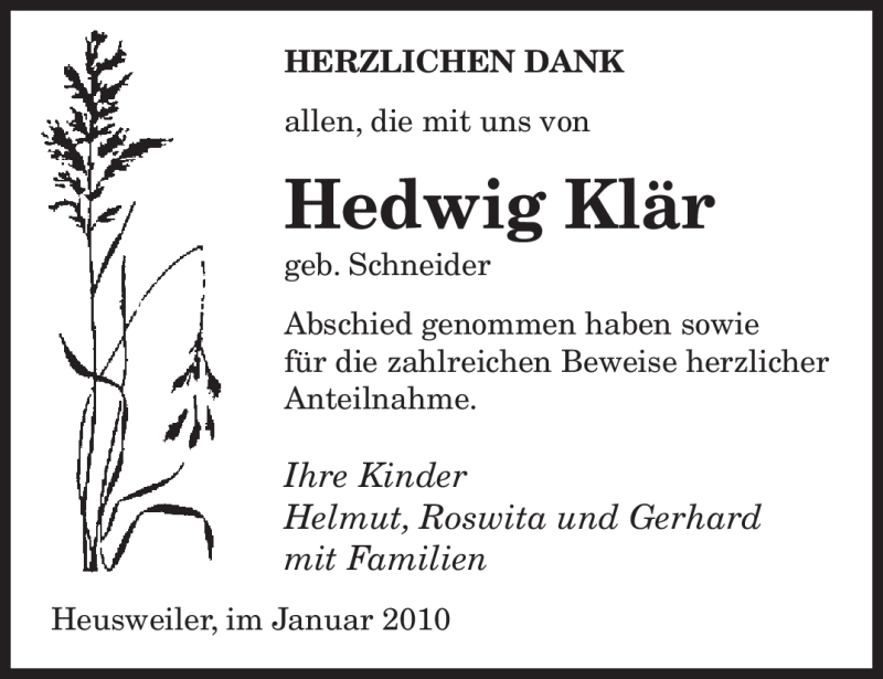  Traueranzeige für Hedwig Klär vom 09.01.2010 aus SAARBRÜCKER ZEITUNG