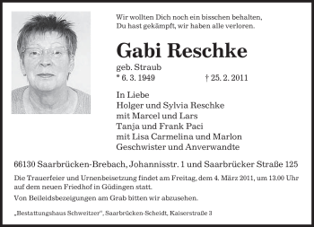 Traueranzeige von Gabi Reschke von SAARBRÜCKER ZEITUNG