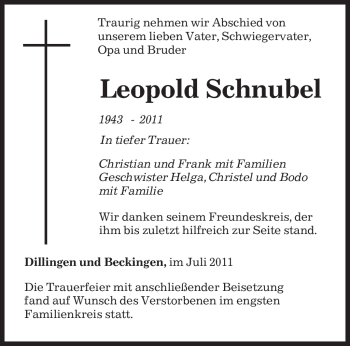 Traueranzeige von Leopold Schnubel von SAARBRÜCKER ZEITUNG