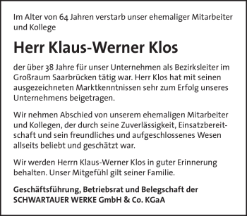Traueranzeige von Klaus-Werner Klos von SAARBRÜCKER ZEITUNG