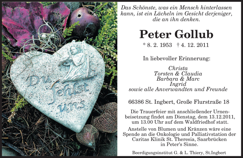  Traueranzeige für Peter Gollub vom 10.12.2011 aus SAARBRÜCKER ZEITUNG