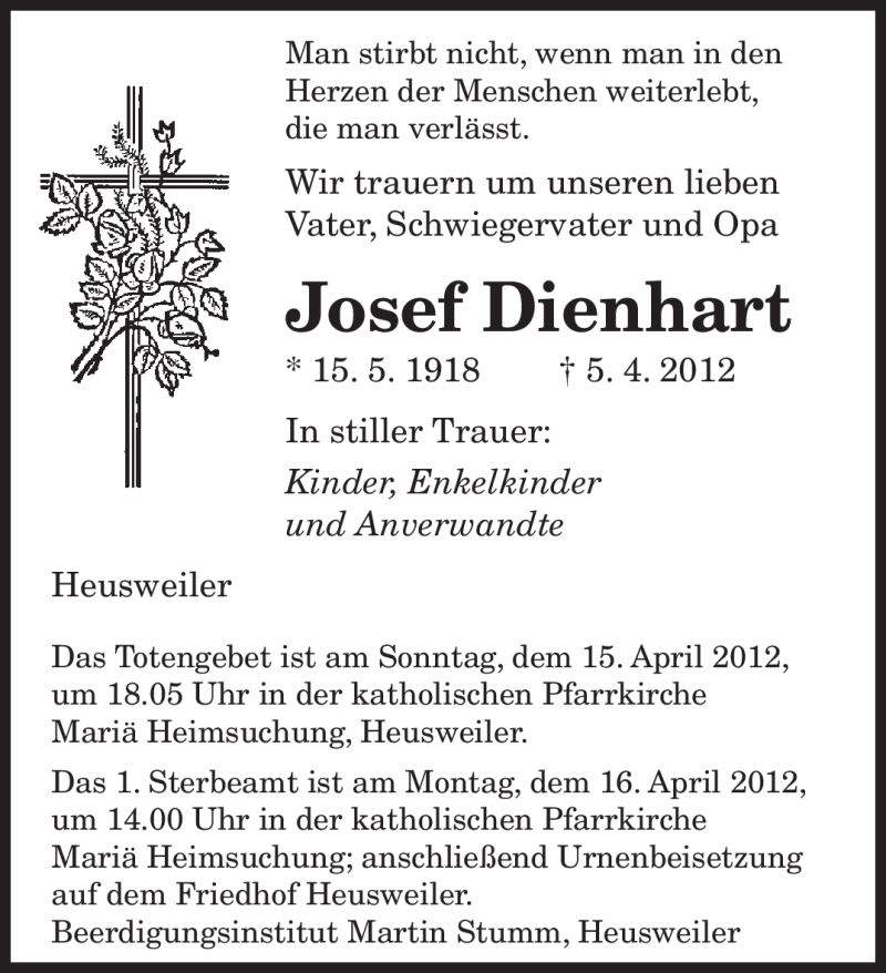  Traueranzeige für Josef Dienhart vom 12.04.2012 aus SAARBRÜCKER ZEITUNG