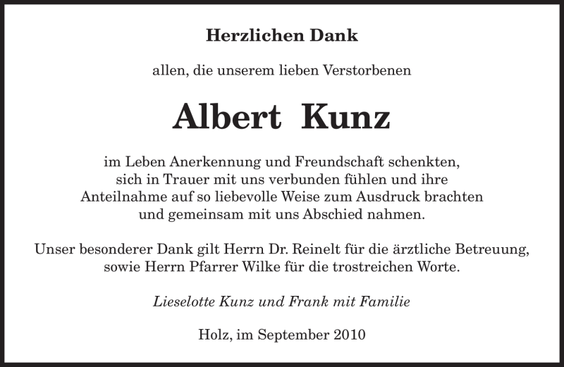  Traueranzeige für Albert Kunz vom 11.09.2010 aus SAARBRÜCKER ZEITUNG