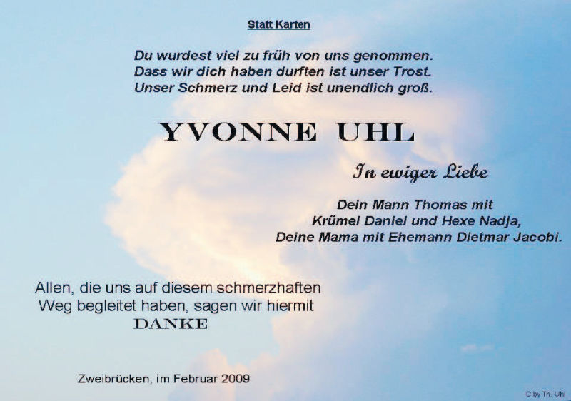  Traueranzeige für Yvonne Uhl vom 14.02.2009 aus SAARBRÜCKER ZEITUNG