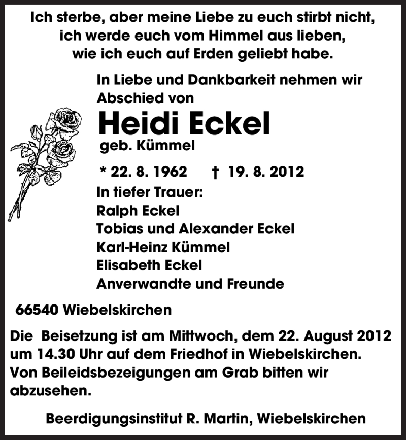  Traueranzeige für Heidi Eckel vom 20.08.2012 aus SAARBRÜCKER ZEITUNG