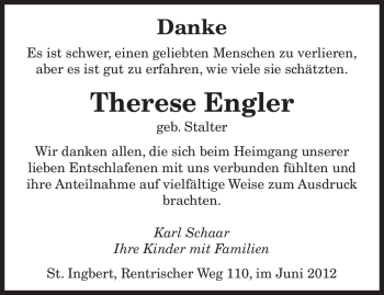Traueranzeige von Therese Engler von SAARBRÜCKER ZEITUNG