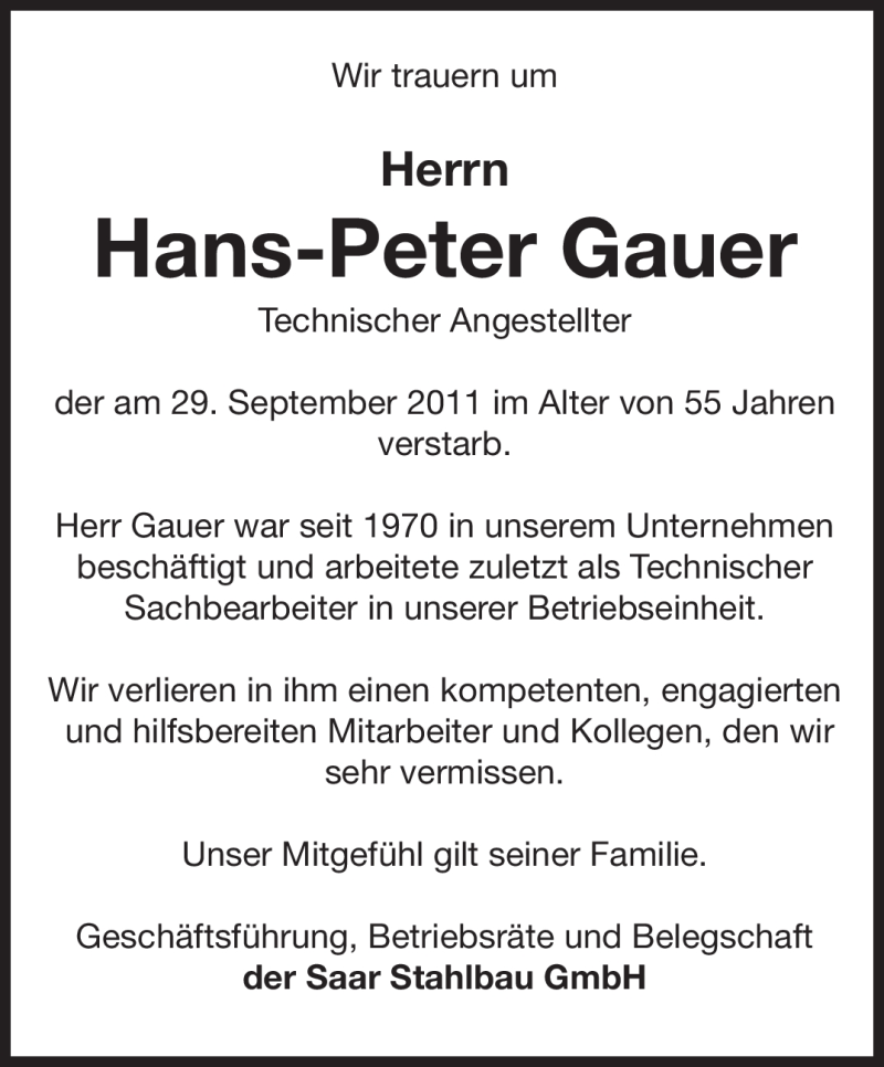  Traueranzeige für Hans-Peter Gauer vom 08.10.2011 aus SAARBRÜCKER ZEITUNG