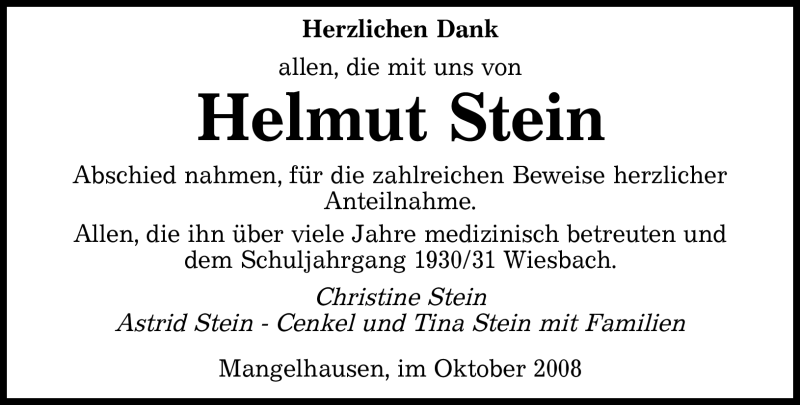  Traueranzeige für Helmut Stein vom 31.10.2008 aus SAARBRÜCKER ZEITUNG