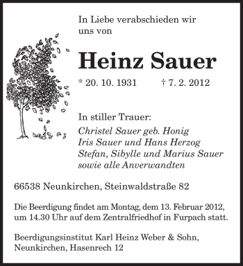 Traueranzeige von Heinz Sauer von SAARBRÜCKER ZEITUNG