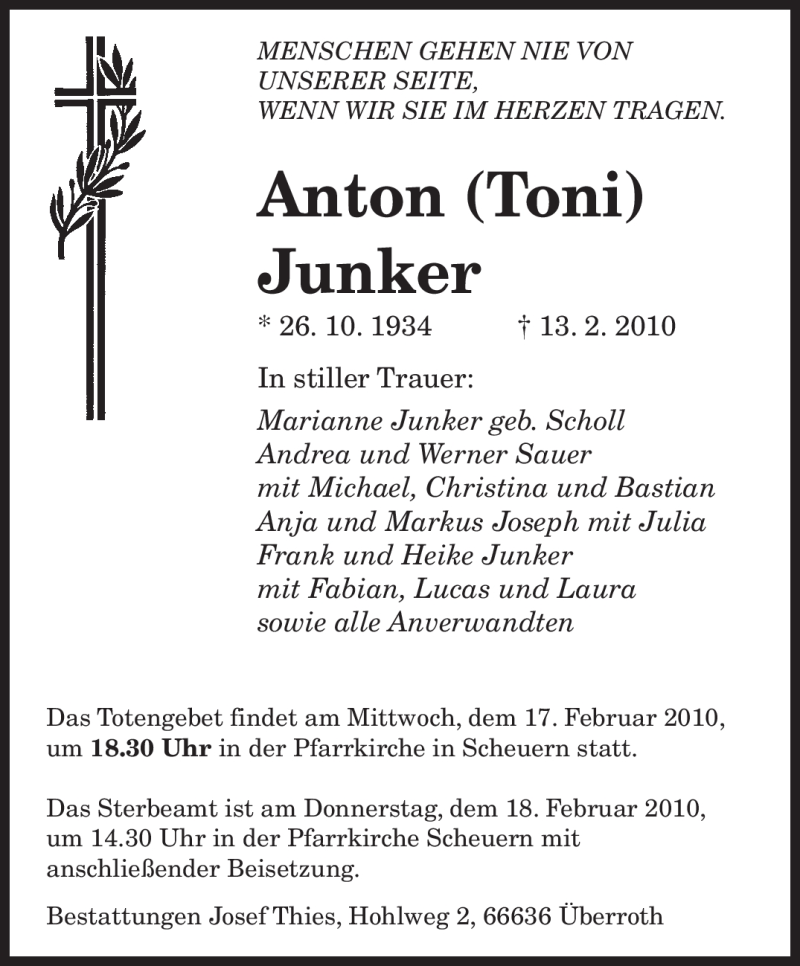  Traueranzeige für Anton Junker vom 16.02.2010 aus SAARBRÜCKER ZEITUNG
