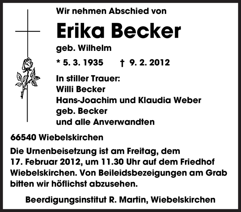  Traueranzeige für Erika Becker vom 15.02.2012 aus SAARBRÜCKER ZEITUNG