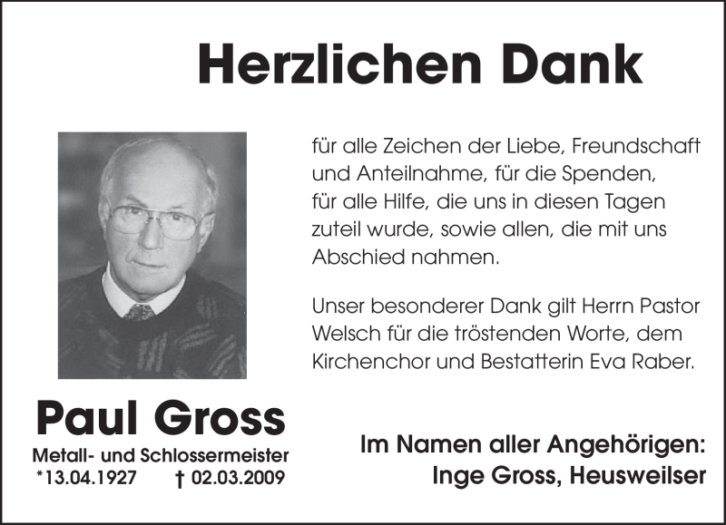  Traueranzeige für Paul Gross vom 14.03.2009 aus SAARBRÜCKER ZEITUNG