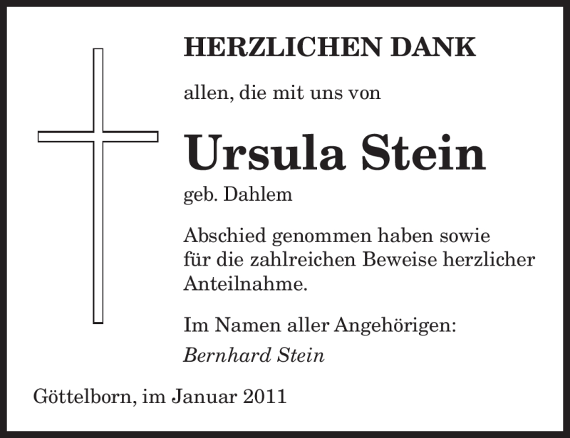  Traueranzeige für Ursula Stein vom 29.01.2011 aus SAARBRÜCKER ZEITUNG