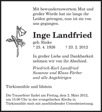 Traueranzeige von Inge Landfried von SAARBRÜCKER ZEITUNG