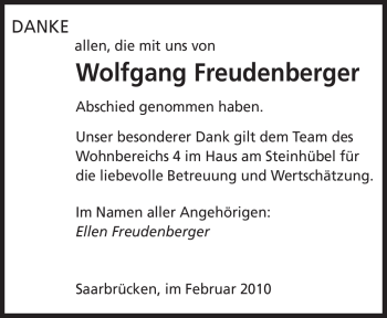 Traueranzeige von Wolfgang Freudenberger von SAARBRÜCKER ZEITUNG