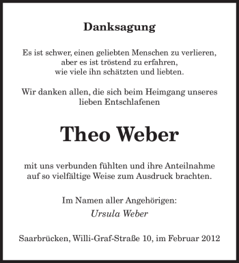 Traueranzeige von Theo Weber von SAARBRÜCKER ZEITUNG
