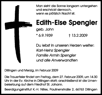 Traueranzeige von Edith-Else Spengler von SAARBRÜCKER ZEITUNG