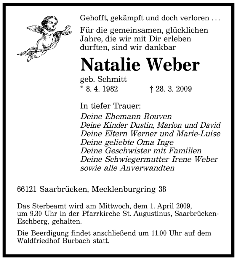  Traueranzeige für Natalie Weber vom 31.03.2009 aus SAARBRÜCKER ZEITUNG