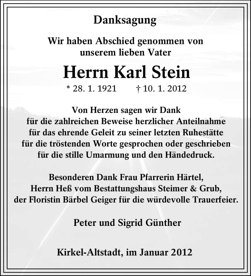  Traueranzeige für Karl Stein vom 27.01.2012 aus SAARBRÜCKER ZEITUNG
