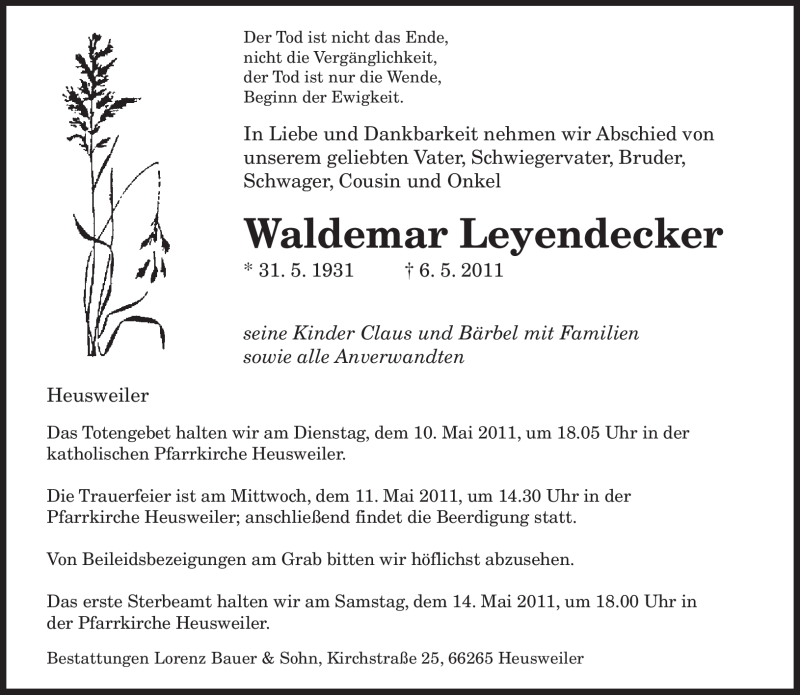  Traueranzeige für Waldemar Leyendecker vom 09.05.2011 aus SAARBRÜCKER ZEITUNG
