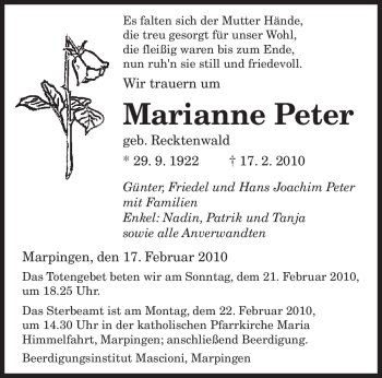 Traueranzeige von Marianne Peter von SAARBRÜCKER ZEITUNG