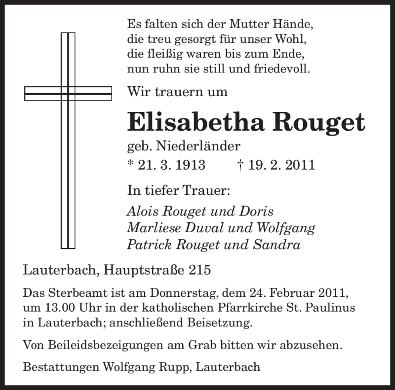  Traueranzeige für Elisabetha Rouget vom 23.02.2011 aus SAARBRÜCKER ZEITUNG