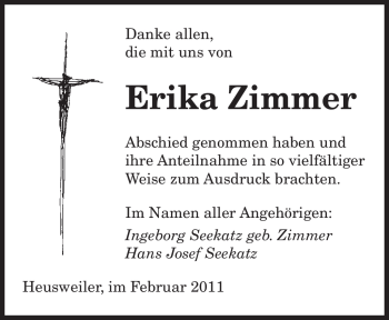 Traueranzeige von Erika Zimmer von SAARBRÜCKER ZEITUNG