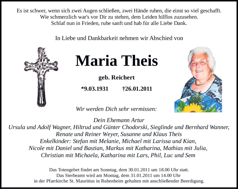  Traueranzeige für Maria Theis vom 29.01.2011 aus SAARBRÜCKER ZEITUNG